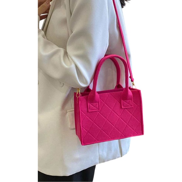 Neon Pink Felt Quilted Square Mini Crossbody Shoulder Bag Purse - Picture 4 of 8
